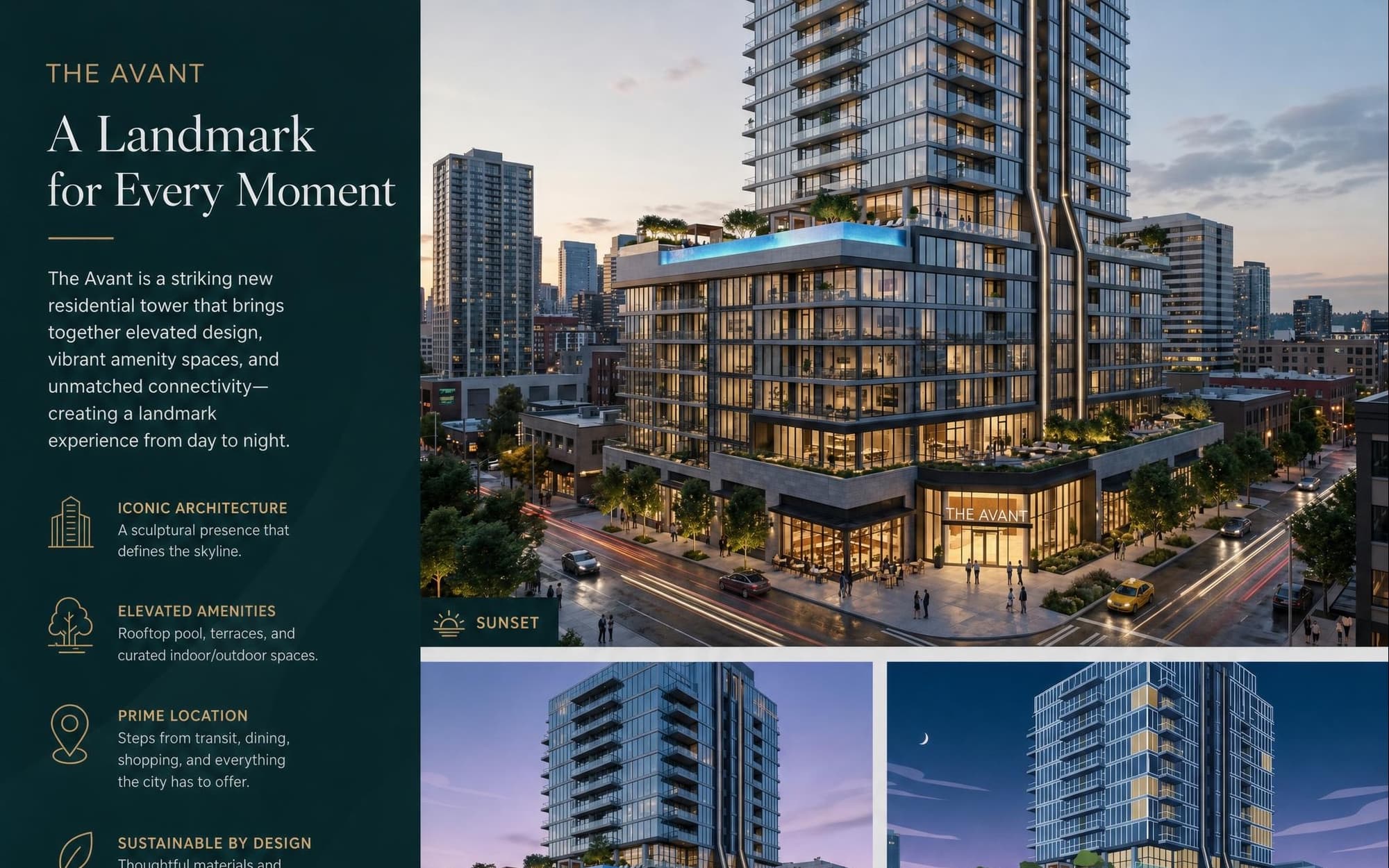 Presentation page for a residential tower called The Avant, with its story, features, and a sunset render