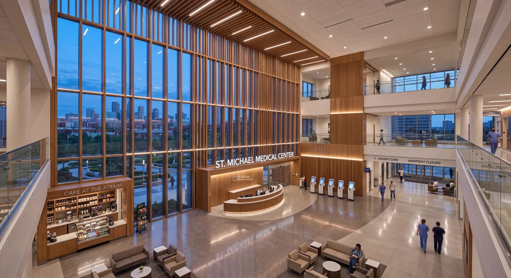 Render of a bright hospital atrium with a reception desk, café, and seating, overlooking the city at dusk