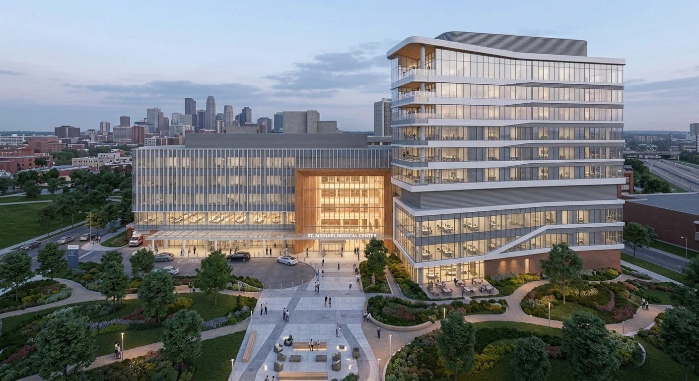 Aerial render of a hospital campus at dusk, with a timber-framed entrance atrium and a curving inpatient tower