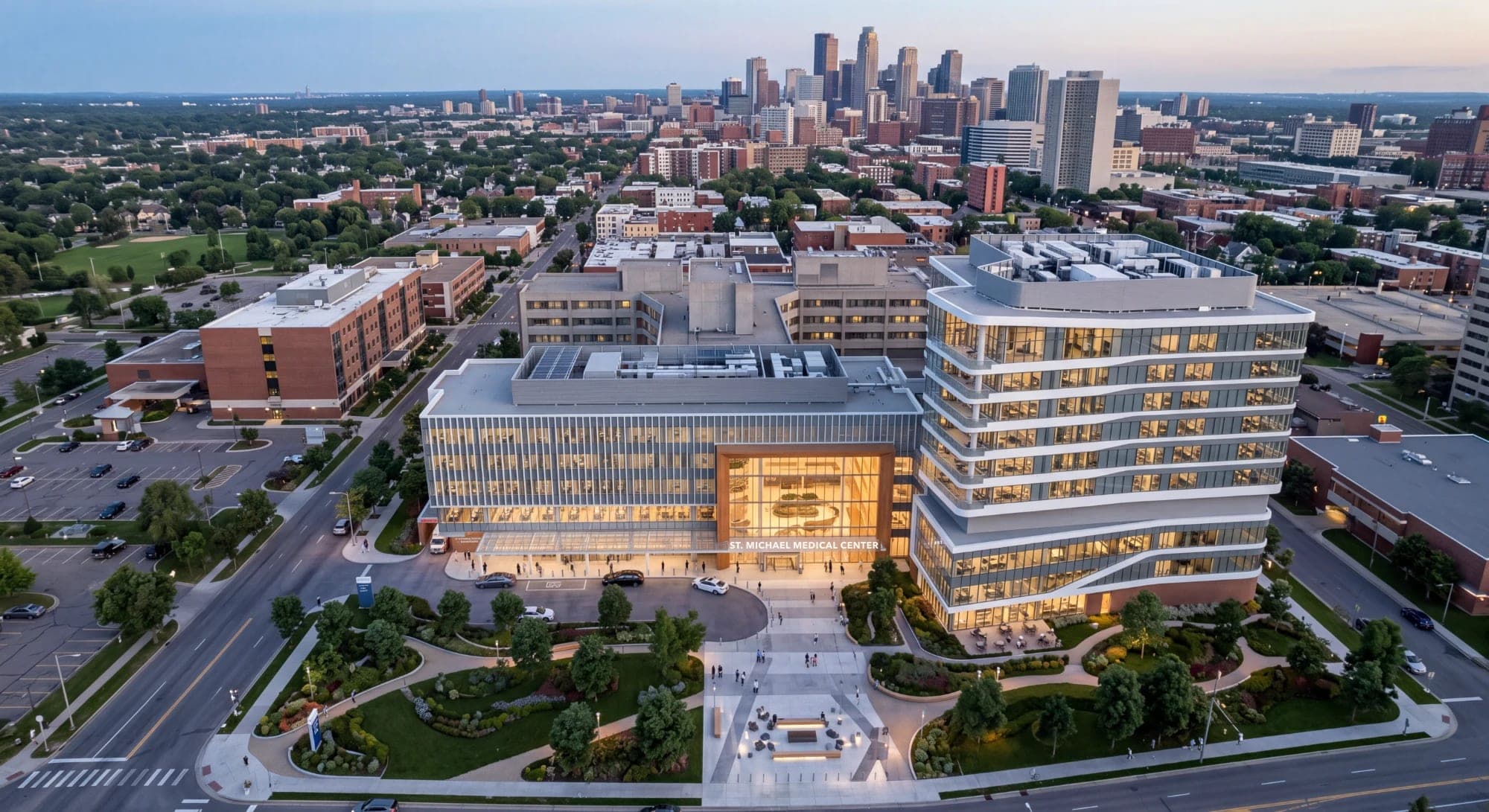 Dusk aerial of a hospital campus with a landscaped plaza and gardens, the city skyline behind