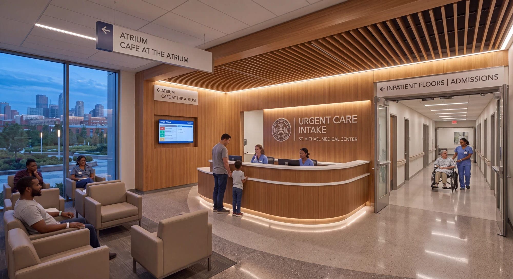 Render of an urgent care intake desk with a waiting area and a corridor to the inpatient floors
