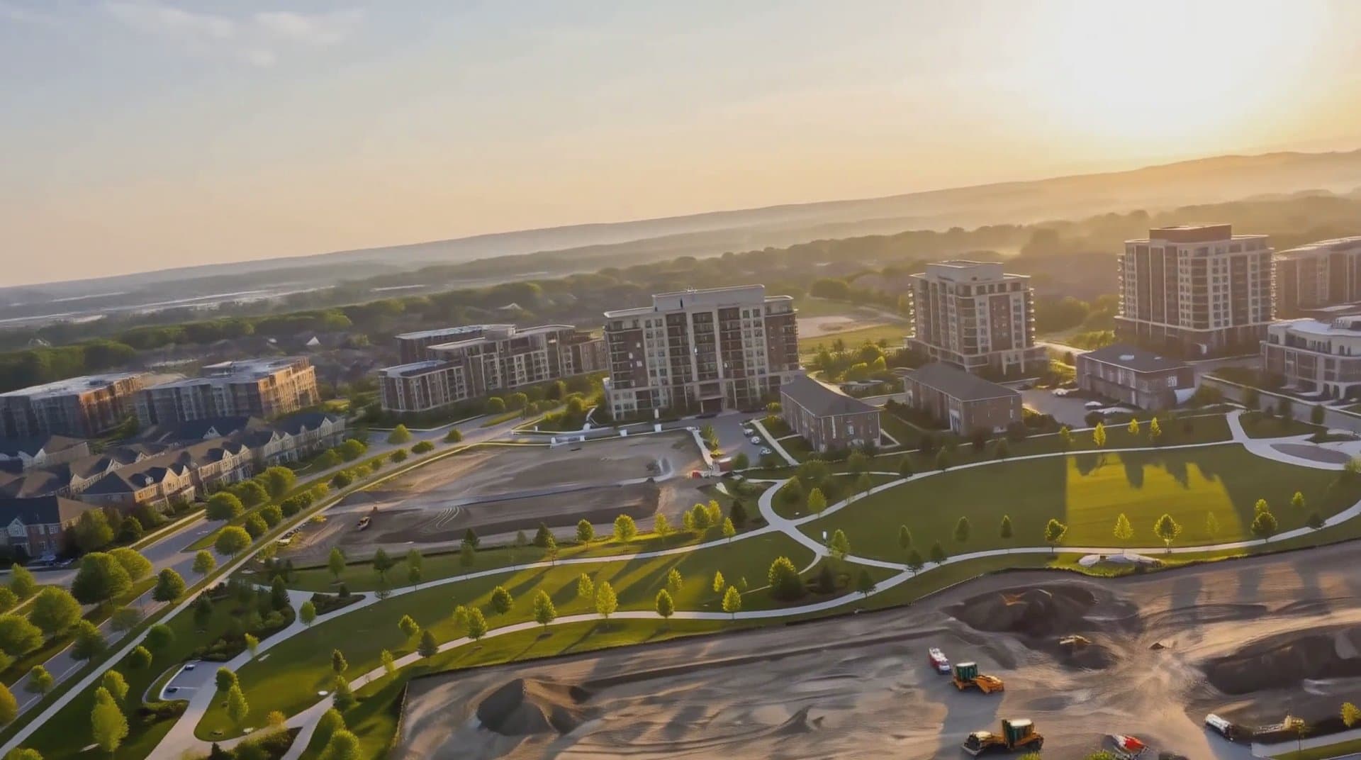 Aerial of a master-planned community at sunrise, from a flyover made from a single render