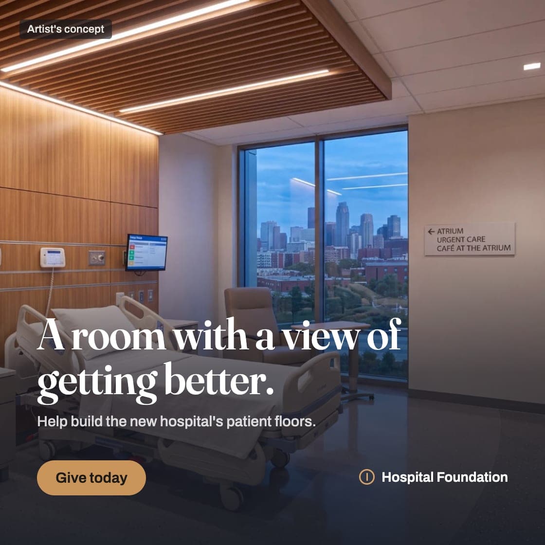 Square social post featuring a patient room: A room with a view of getting better