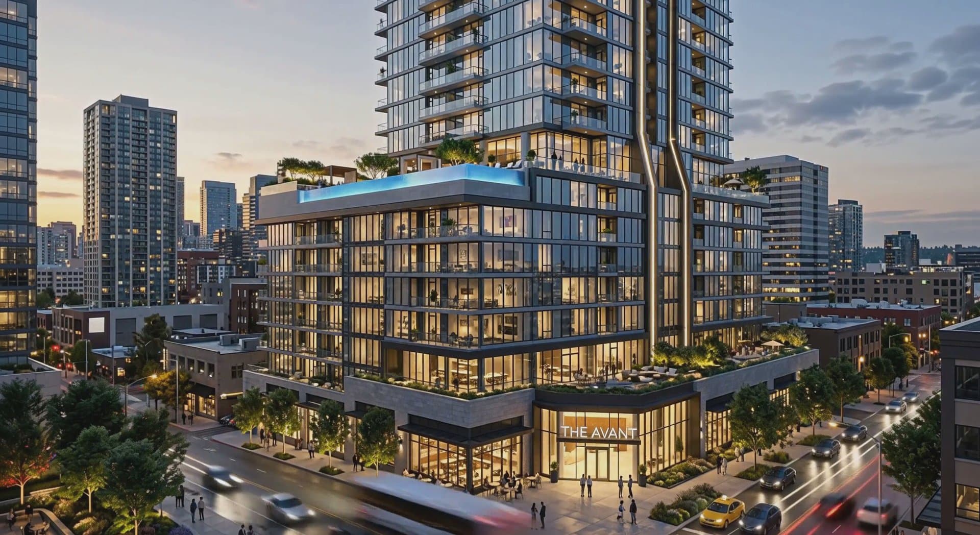 The Avant residential tower at sunset, from a time-lapse moving from sunset to night