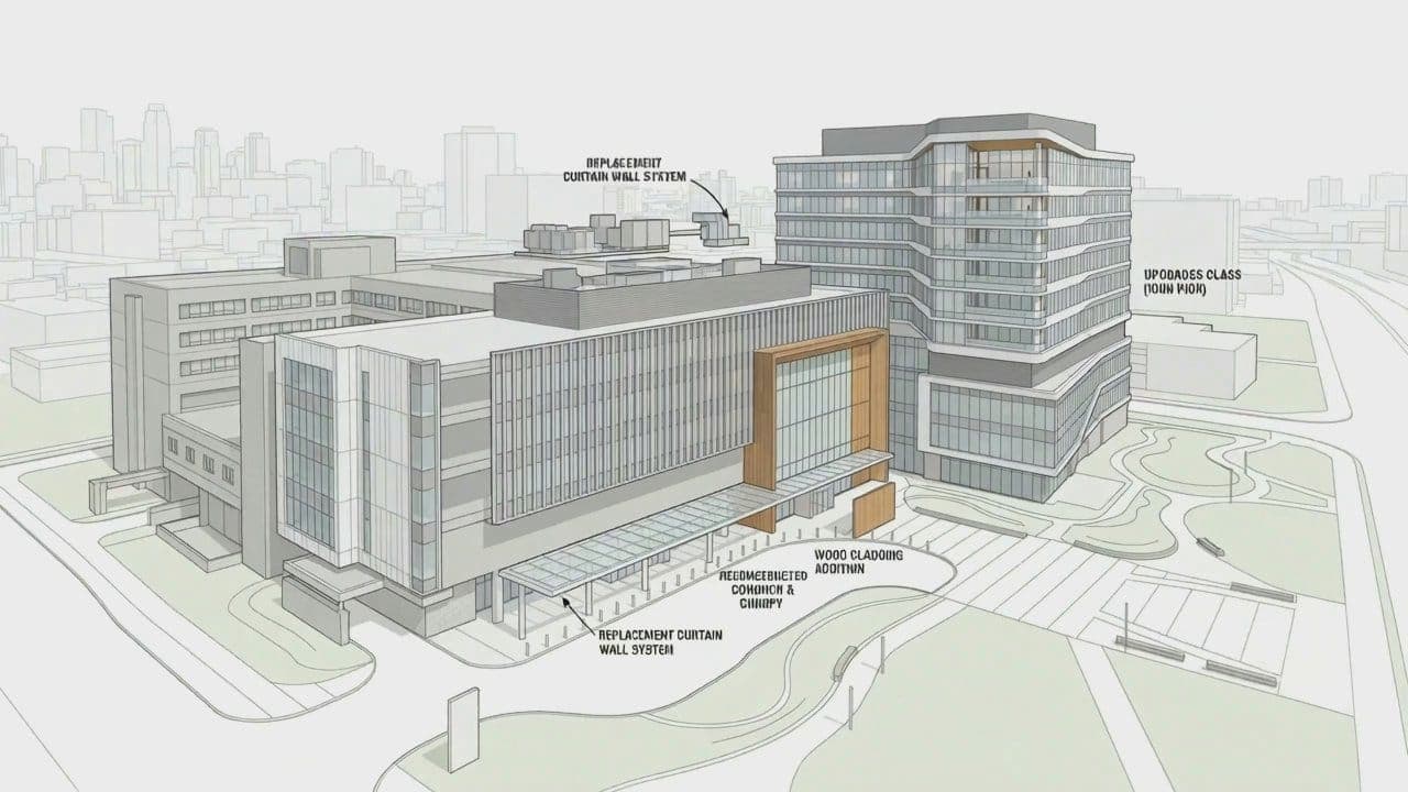 Labelled line drawing of a hospital campus, the first frame of a film that develops it into finished views