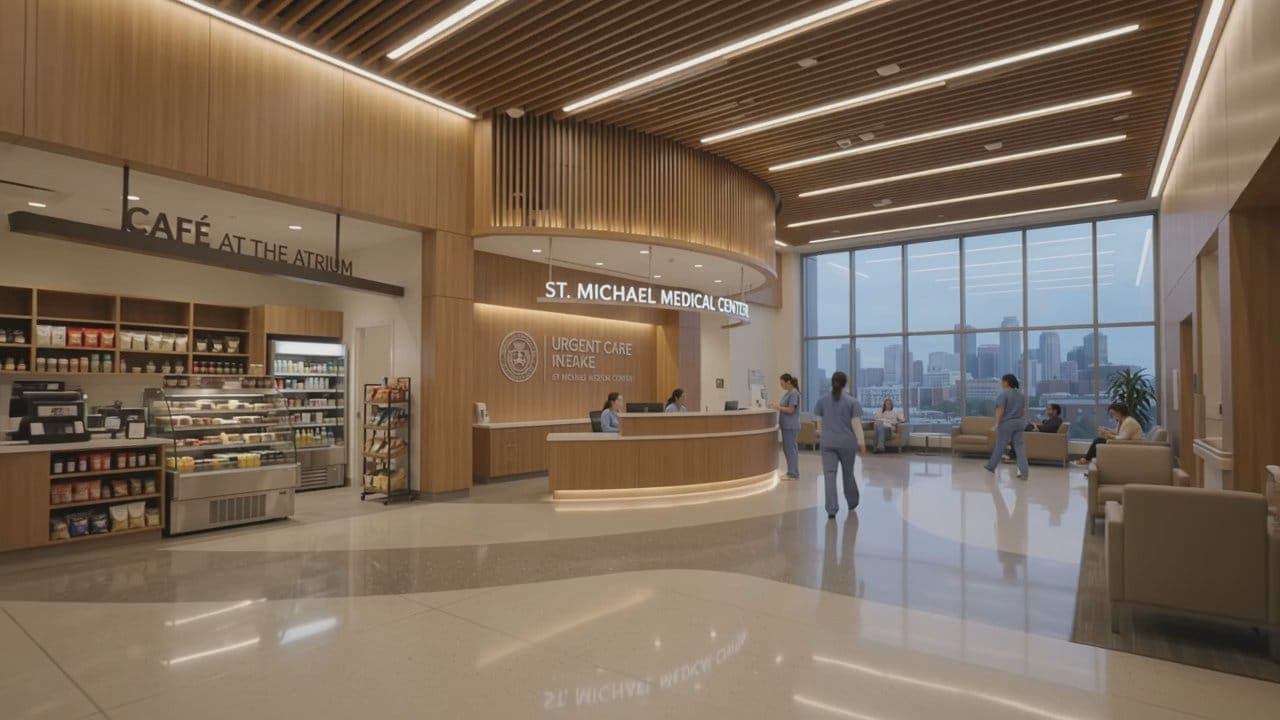 Hospital atrium with a café and reception desk, from an interior walkthrough film