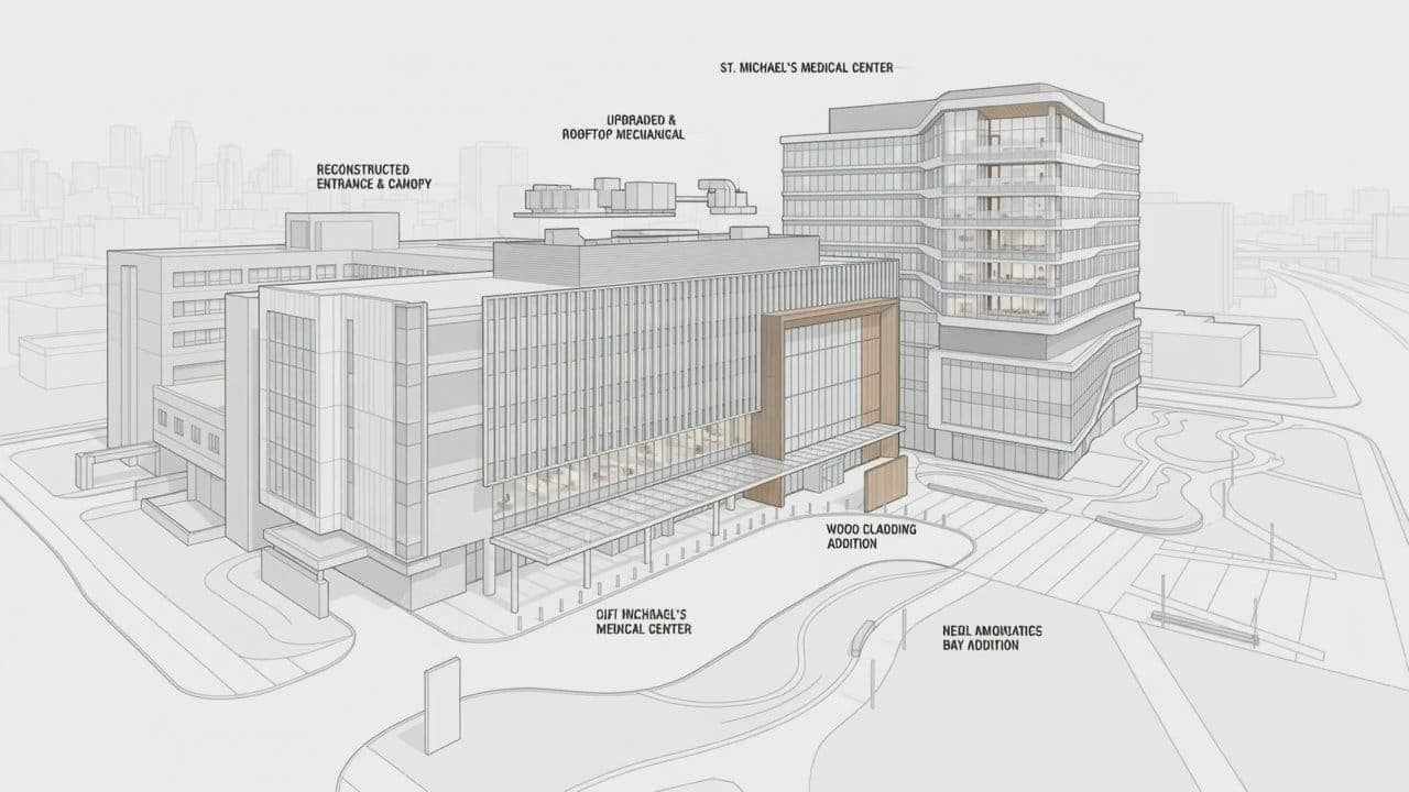 Labelled line drawing of a hospital renovation, the first frame of a clip that turns it into a finished render