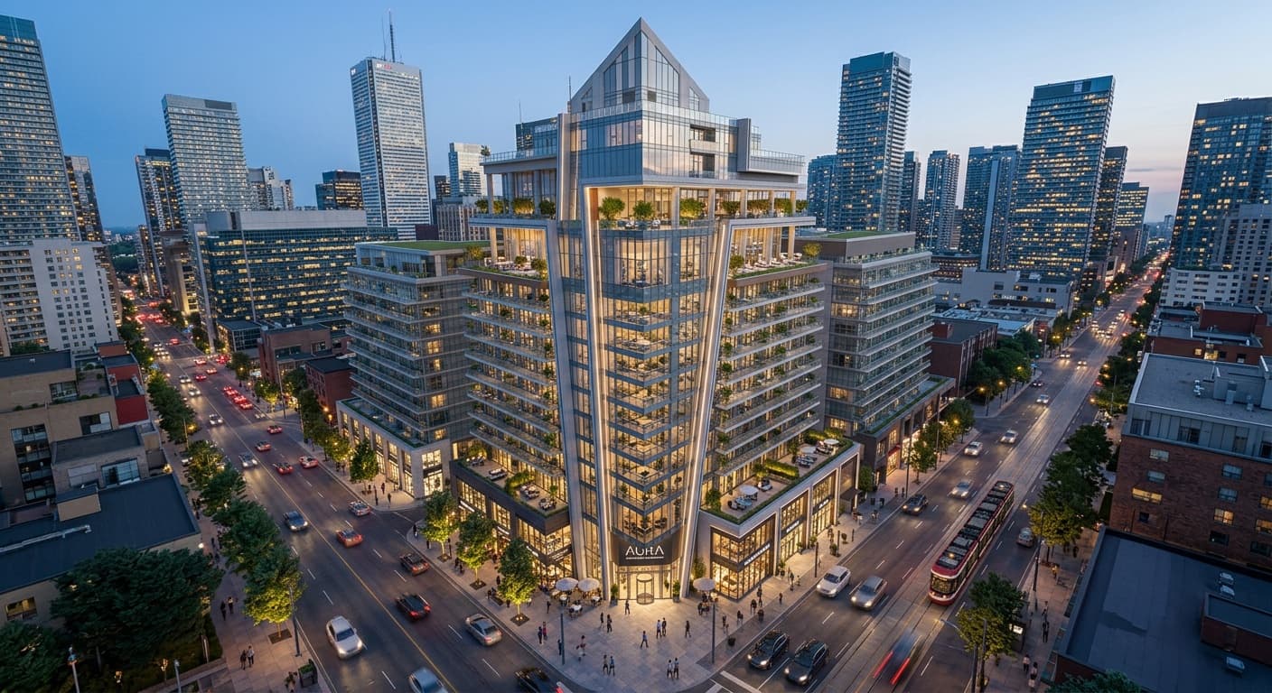 Aerial hero image of a glass residential tower at dusk above a busy downtown street