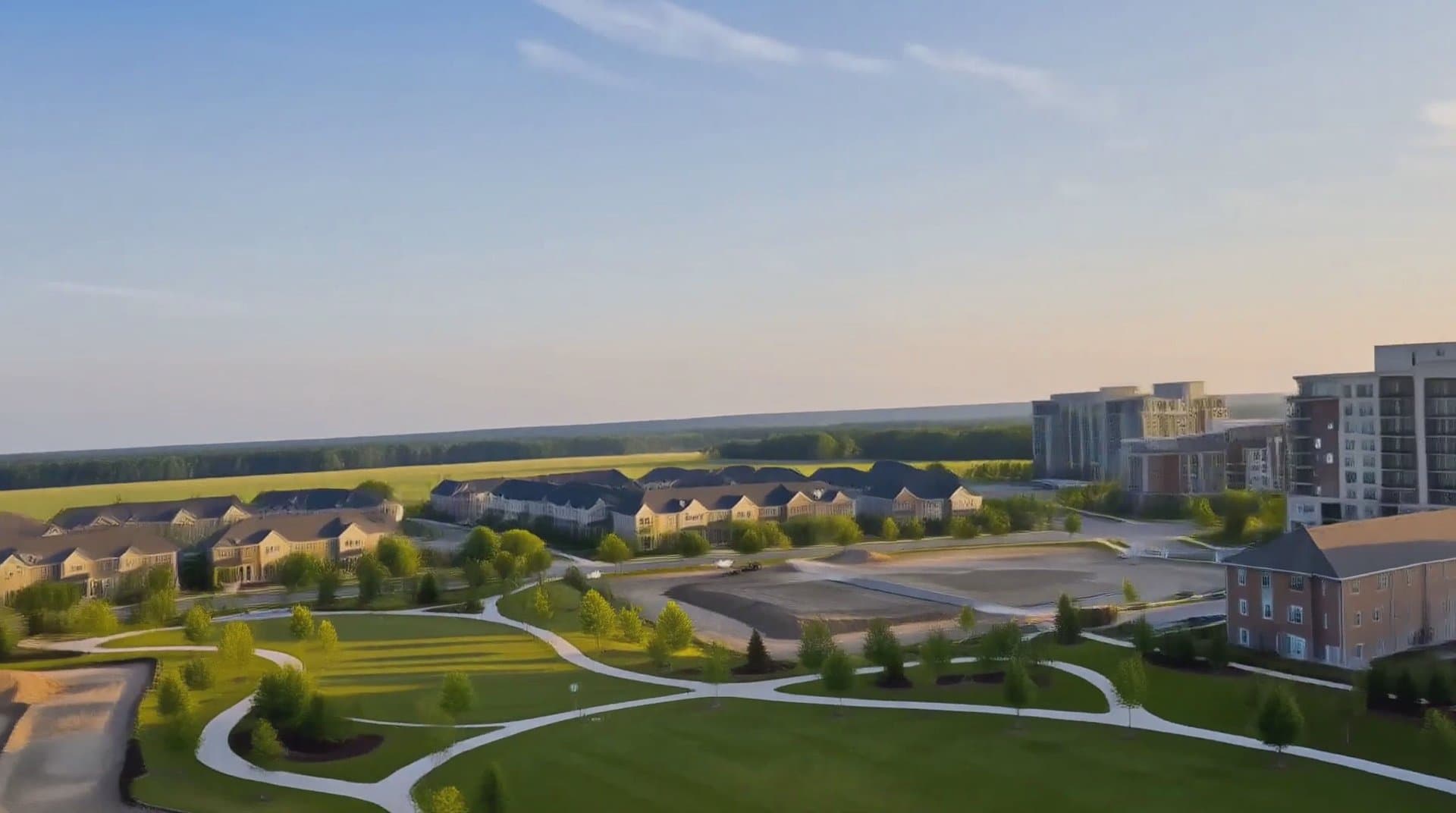 Aerial of a master-planned community at sunrise, from a flyover made from a single render