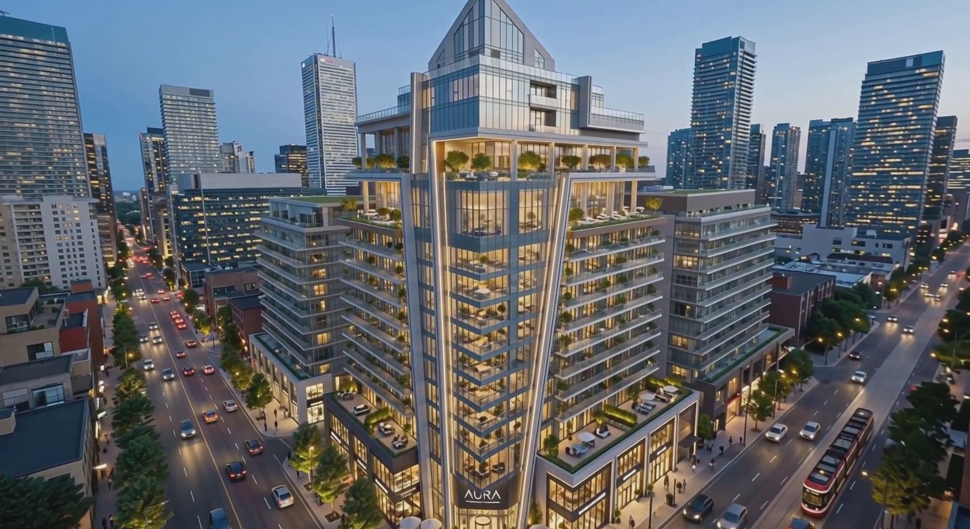 Dusk aerial of a residential tower with lit terraces above a downtown street, from a presale video made from its render