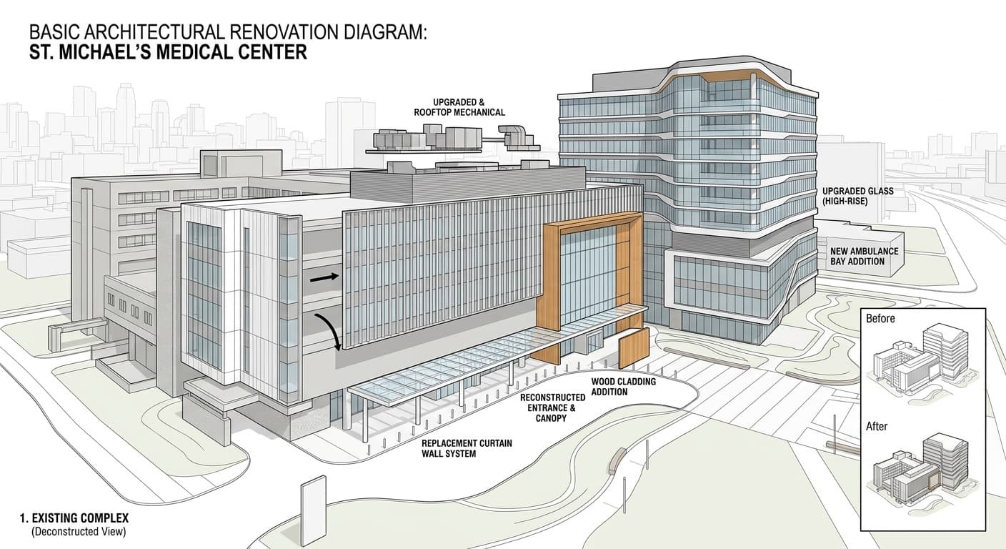Labelled diagram of a hospital renovation showing a new curtain wall, entrance canopy, and wood cladding