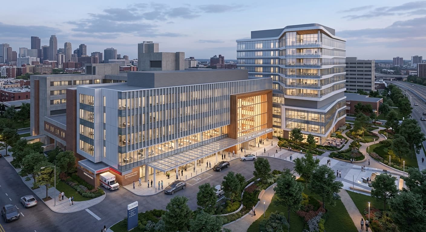Finished dusk render of the renovated hospital with landscaped grounds